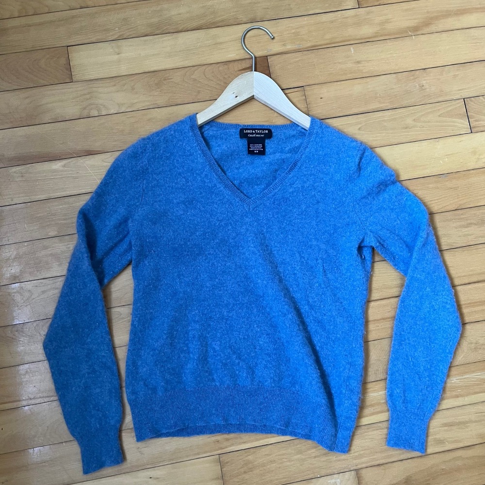 Lord & Taylor Cashmere V-Neck Sweater Blue Long Sleeve Size M
